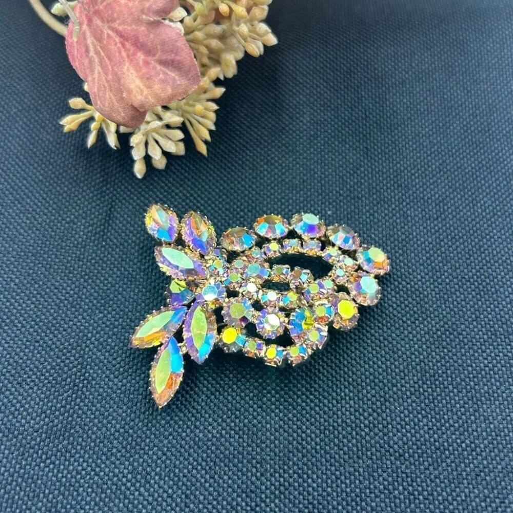 Vintage Continental Signed Blue Purple AB Rhinestone Borealis Rhinestone Brooch